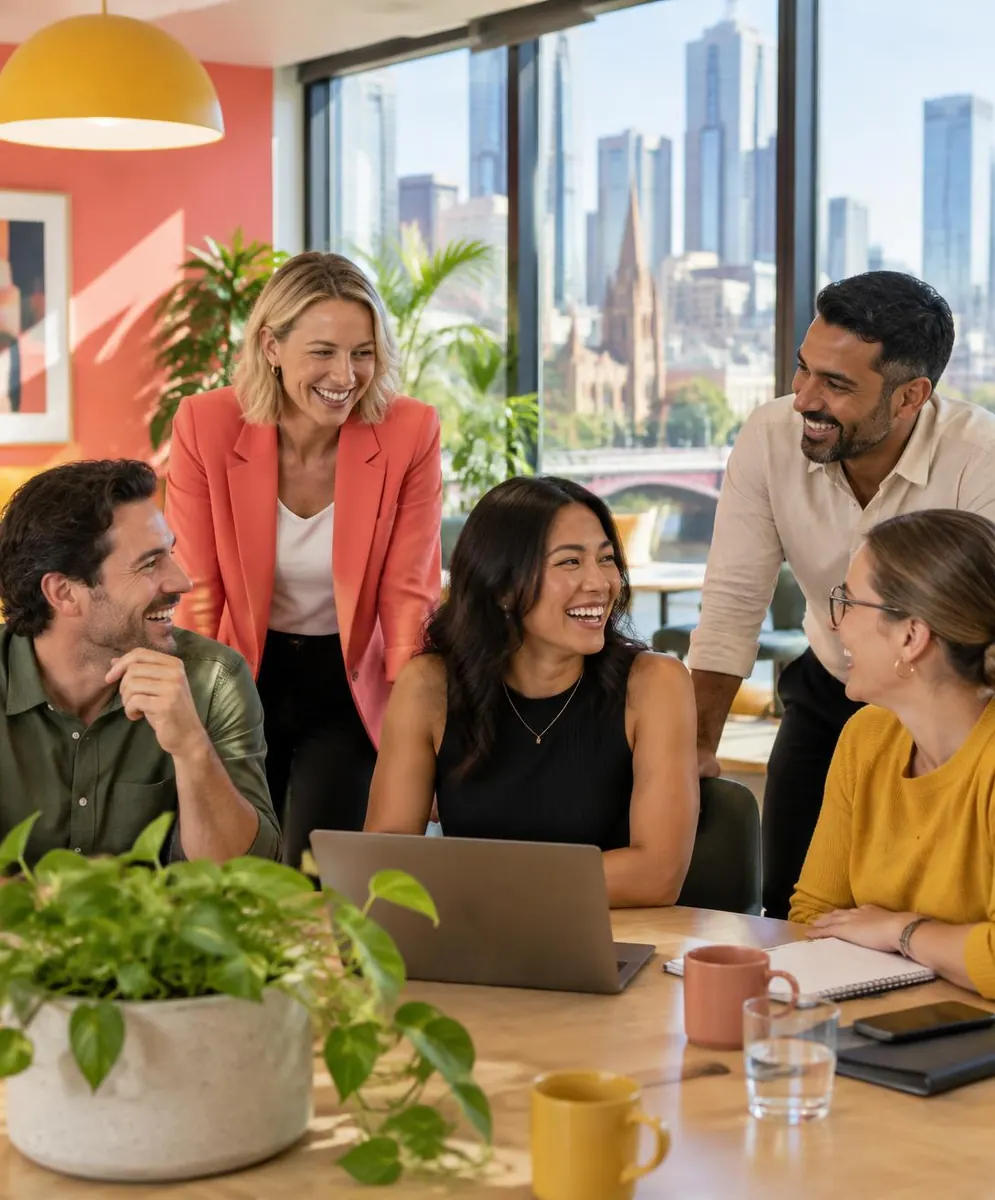 A diverse team talking in a bright Melbourne office